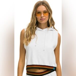 Aviator Nation White Sleeveless Hoodie with Rainbow Trim. Size Small.